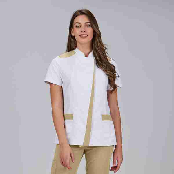 Blusa mujer abierta cuello Mao combinada microfibra